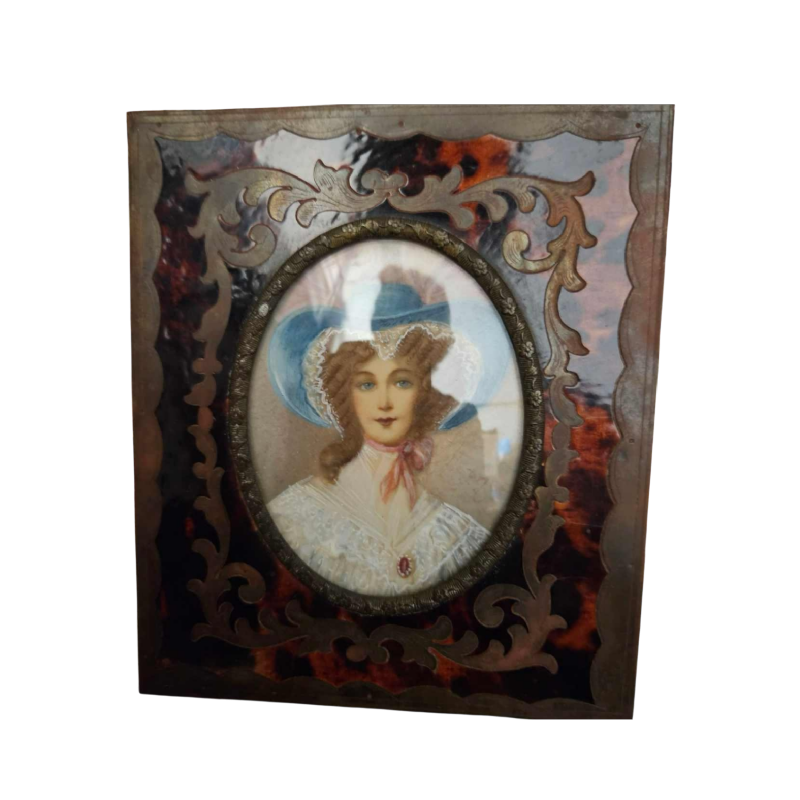 Tableau miniature "Portrait de dame au chapeau" encadrement de style Boulle, XIXe s