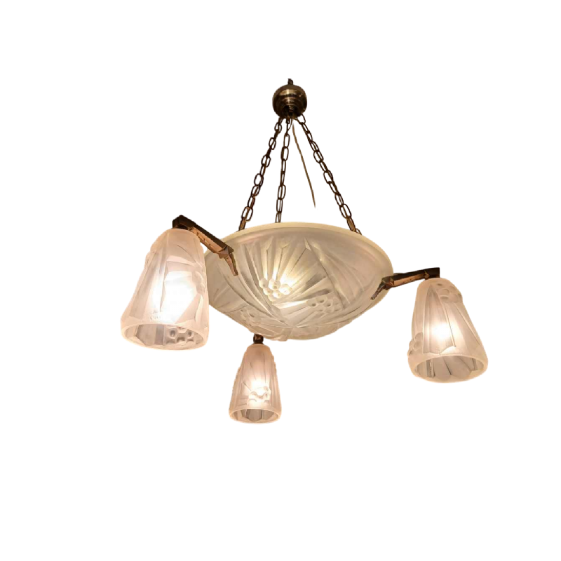 l'ELF, Art Deco chandelier in pressed moulded glass, stylised floral decoration, ca. 1930