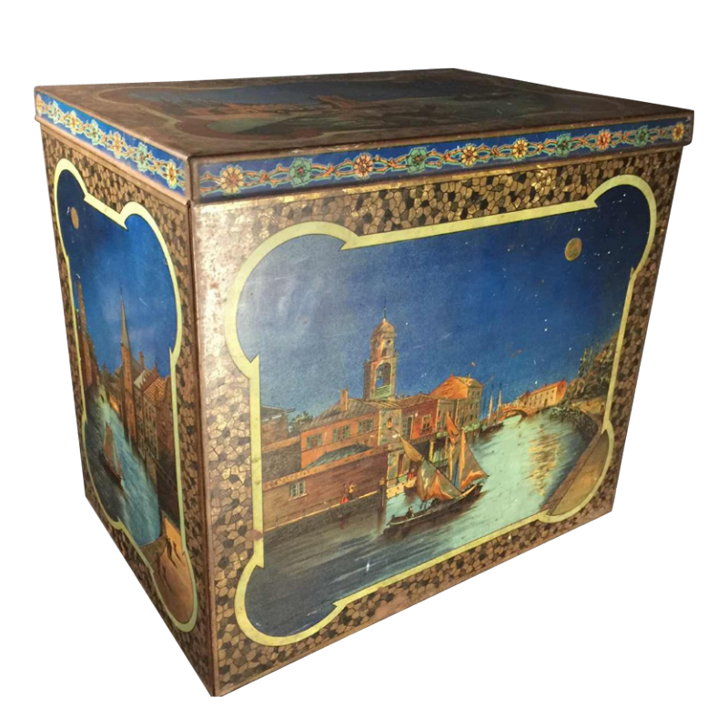 BEKKERS & ZOON Holland, Grande boîte en tôle à biscuits ou café, décor de Venise 1930