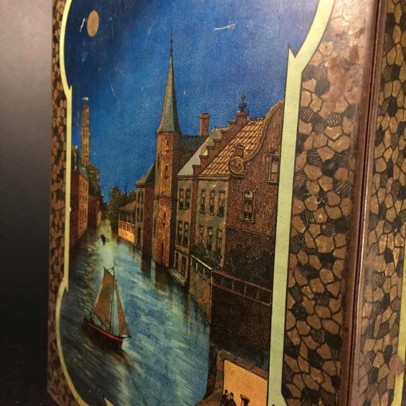 BEKKERS & ZOON Holland, Grande boîte en tôle à biscuits ou café, décor de Venise 1930