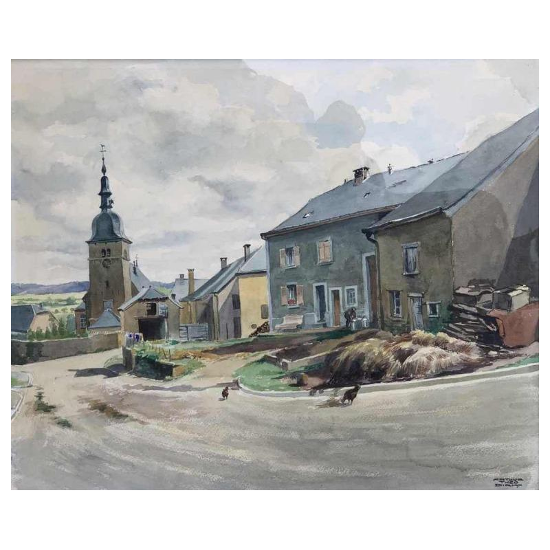 Arthur Theo DIRKX (1896-1967) « Le village de Chassepierre » grande aquarelle