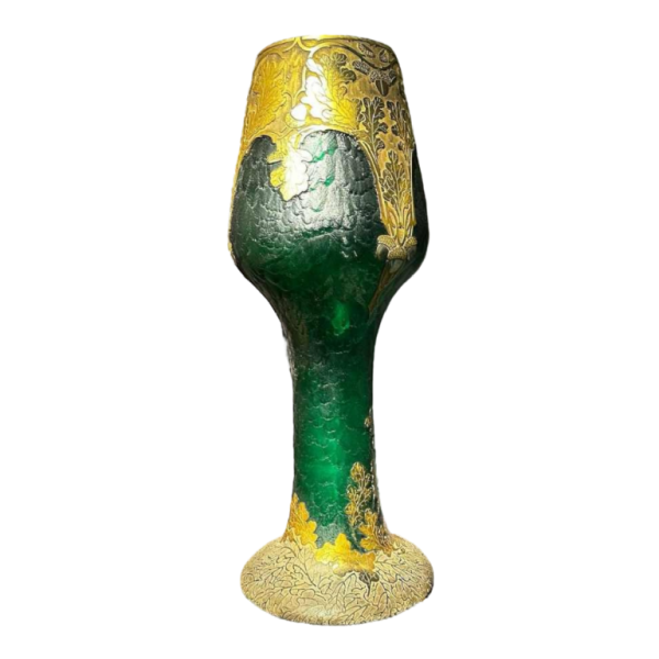 Legras et Cie, Art Nouveau vase, acid-etched decoration, green and gilded glass, ca 1900