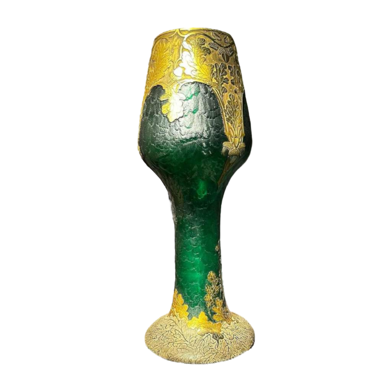 Legras et Cie, Art Nouveau vaas, zuurgezette decoratie, groen en verguld glas, ca 1900