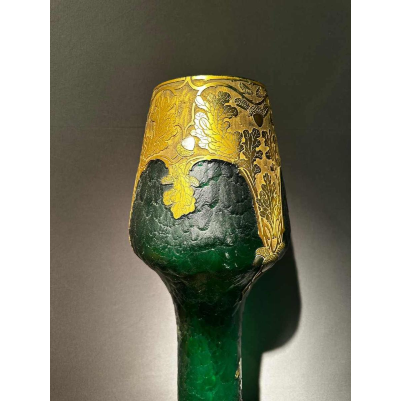 Legras et Cie, Art Nouveau vaas, zuurgezette decoratie, groen en verguld glas, ca 1900