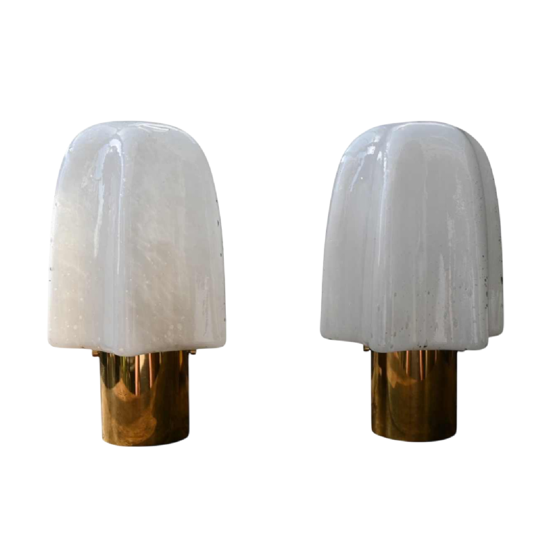 Glashütte Limburg, pair of Space Age wall lights in frosted glass and gilded brass, ca 1970