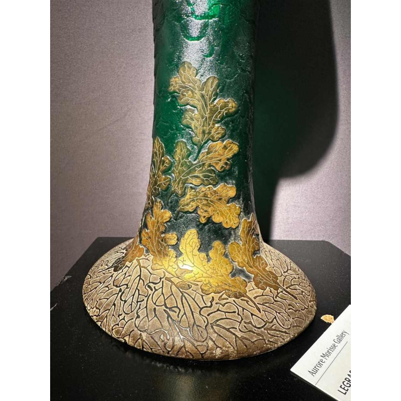 Legras et Cie, Art Nouveau vaas, zuurgezette decoratie, groen en verguld glas, ca 1900