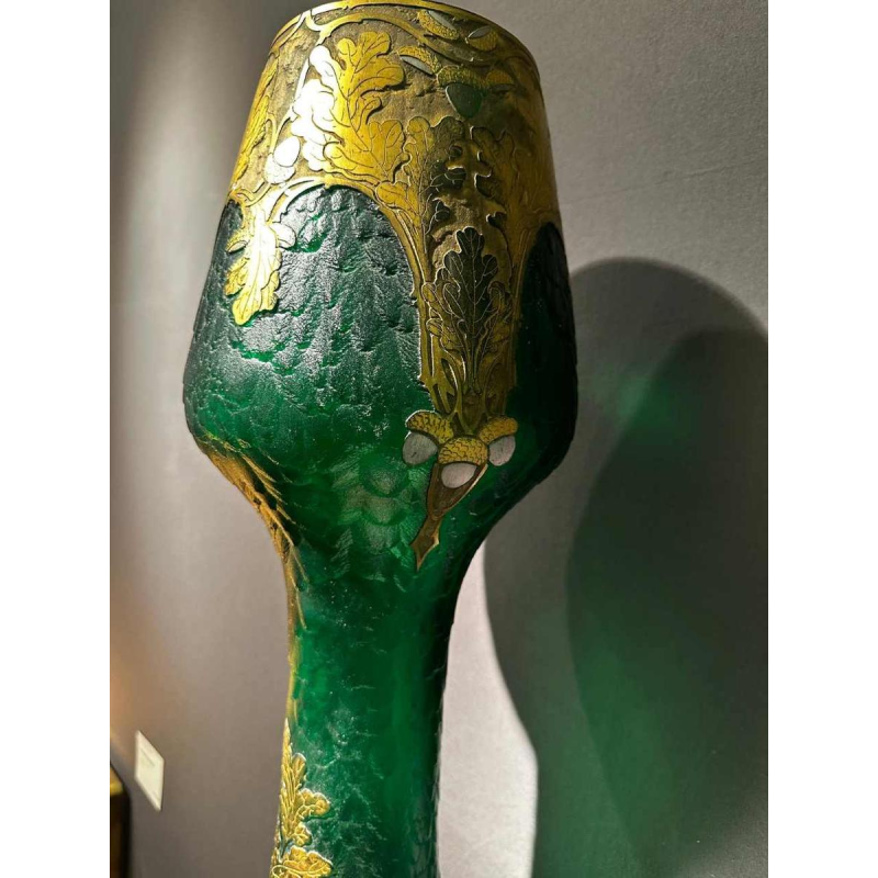 Legras et Cie, Art Nouveau vase, acid-etched decoration, green and gilded glass, ca 1900