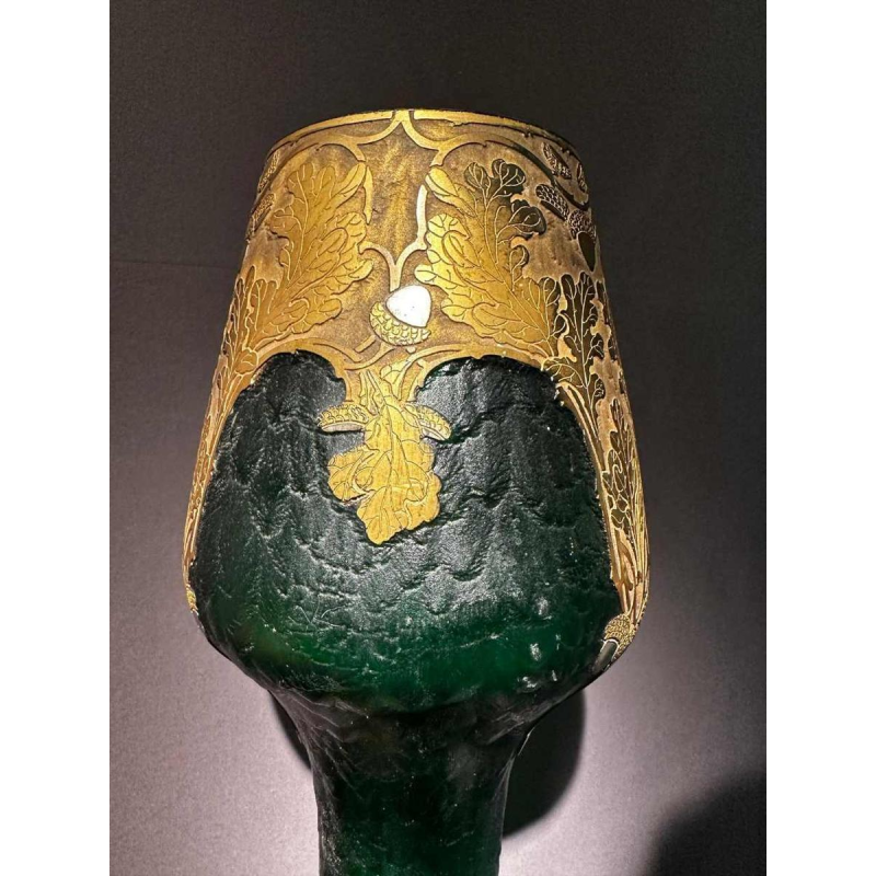 Legras et Cie, Art Nouveau vase, acid-etched decoration, green and gilded glass, ca 1900