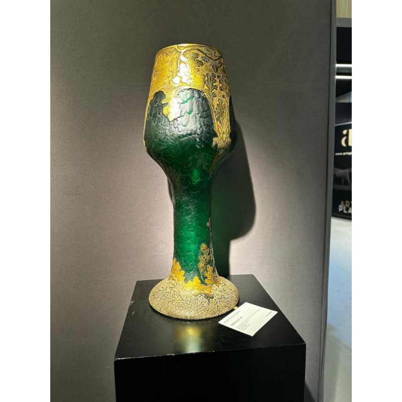 Legras et Cie, Art Nouveau vase, acid-etched decoration, green and gilded glass, ca 1900