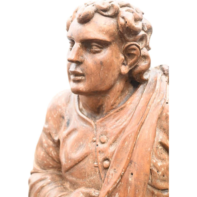 Sculpture d'un juge ou magistrat en bois fruitier, statue du XVIIe siècle