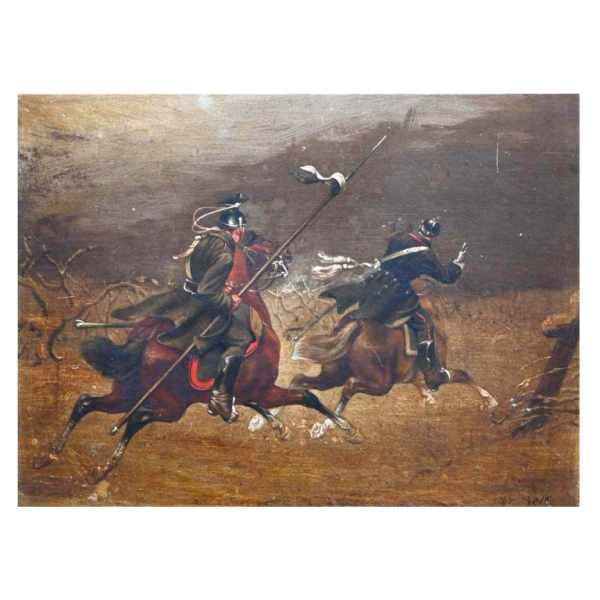Christian Sell 'Duitse militaire ruiterscene' schilderij olieverf op paneel, 19e eeuw