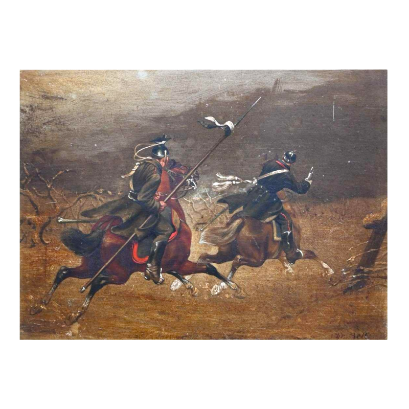 Christian Sell 'Scène militaire équestre allemande' peinture huile sur panneau, XIXe siècle