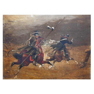 Christian Sell German equestrian military scene painting oil on panel, 19th century