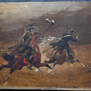 Christian Sell German equestrian military scene painting oil on panel, 19th century