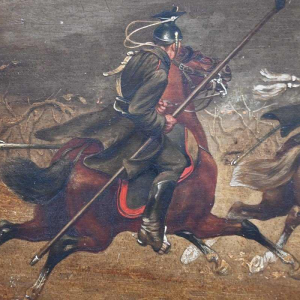 Christian Sell 'Scène militaire équestre allemande' peinture huile sur panneau, XIXe siècle