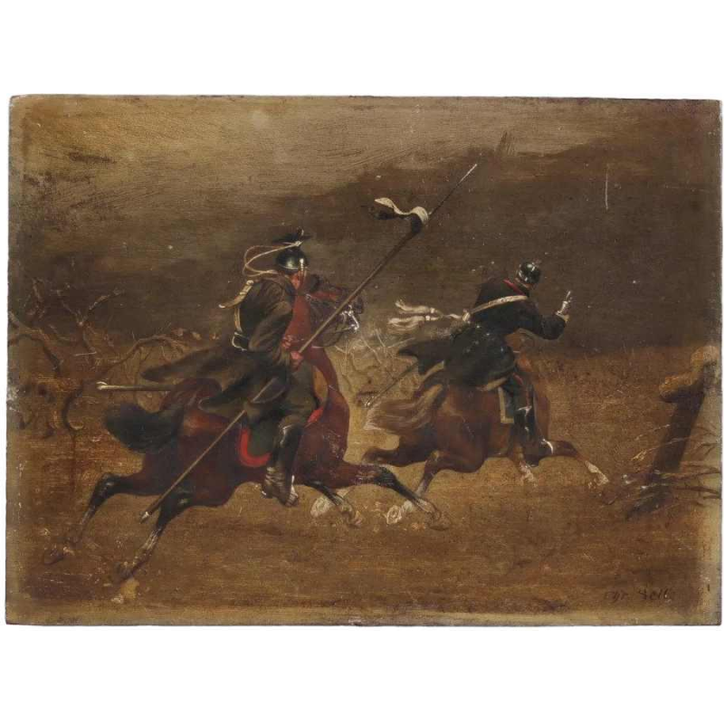 Christian Sell 'Scène militaire équestre allemande' peinture huile sur panneau, XIXe siècle