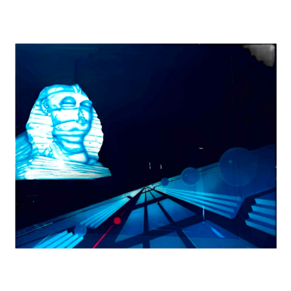 PATRICE PLACEMAN 'Sphynx & rode bal' airbrush schilderij, geëglomiseerde olie onder plexiglas, 1996