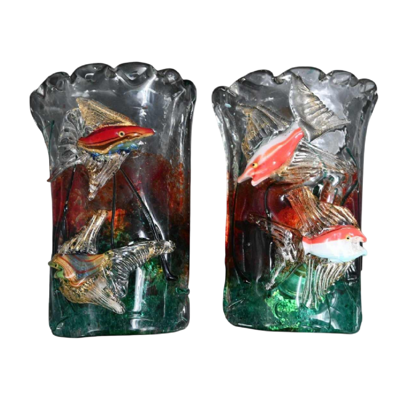 Alfredo Barbini voor Cenedese, paar Murano glazen aquarium vis wandlampen, ca 1950