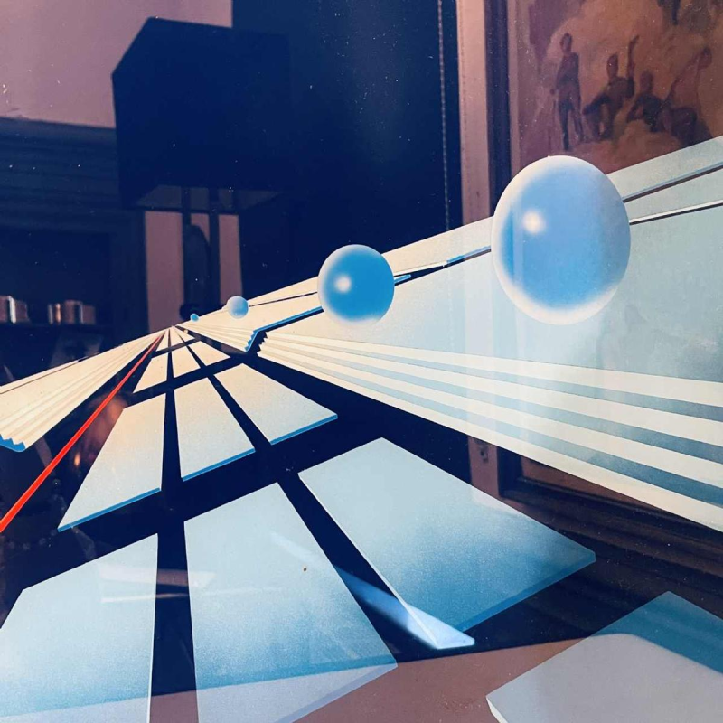 PATRICE PLACEMAN 'Sphynx & red ball' airbrush painting, églomisé oil under plexiglass, 1996