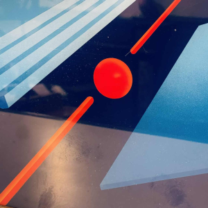 PATRICE PLACEMAN 'Sphynx & boule rouge' peinture à l'aérographe, églomisé huile sous plexiglass, 1996