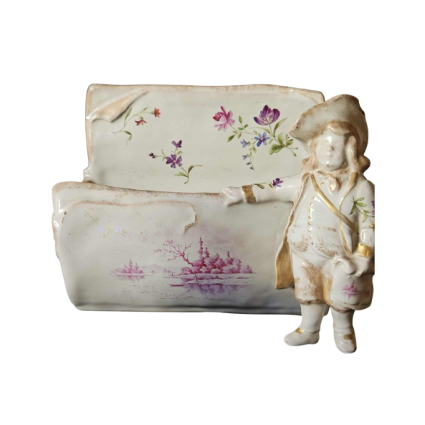 Emile Gallé à Nancy, porte lettre et personnage en faïence polychrome, ca 1880