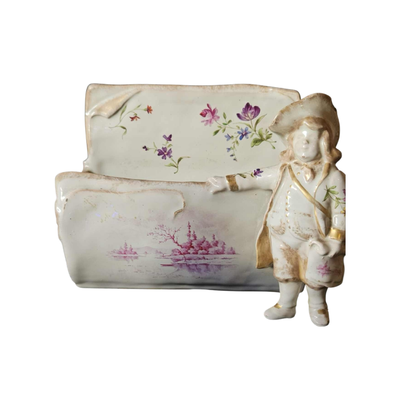 Emile Gallé à Nancy, porte lettre et personnage en faïence polychrome, ca 1880