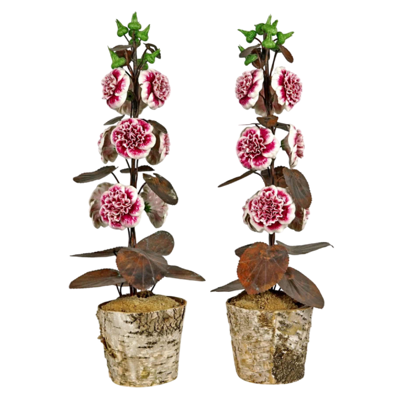 Samuel MAZY, grande paire de roses trémières, sculpture florale en porcelaine et métal, XXIe s