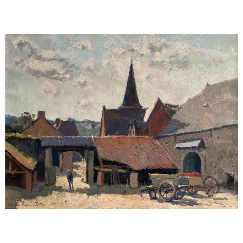 Georges LAMBILLOTTE (1915-1998): « Cour animée dune ferme mosane » 50x65 cm hst