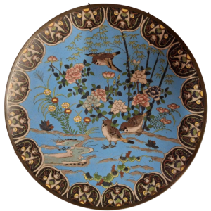 Enamelled cloisonné bronze dish with birds and flowers, Japan late 19th c
