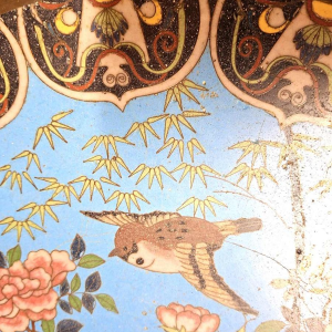 Enamelled cloisonné bronze dish with birds and flowers, Japan late 19th c
