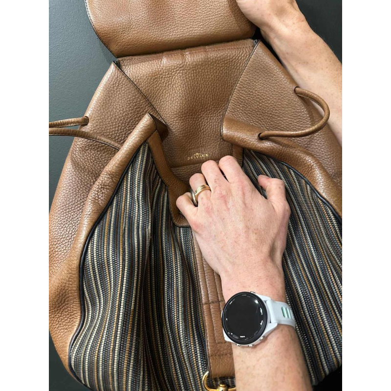 Delvaux bruin en marineblauw lederen rugzak