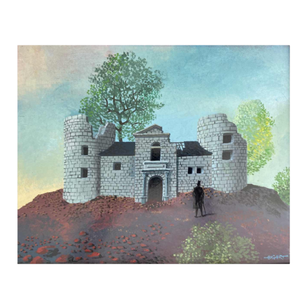 Gaston Bogaert 'Het oude kasteel' surrealistisch schilderij, olieverf op isorelpaneel, 1977