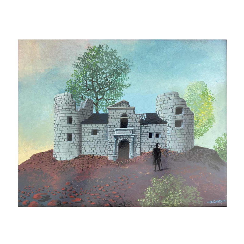 Gaston Bogaert 'Het oude kasteel' surrealistisch schilderij, olieverf op isorelpaneel, 1977