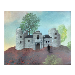 Gaston Bogaert 'Het oude kasteel' surrealistisch schilderij, olieverf op isorelpaneel, 1977