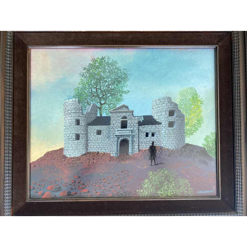 Gaston Bogaert 'Het oude kasteel' surrealistisch schilderij, olieverf op isorelpaneel, 1977