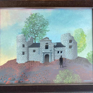 Gaston Bogaert 'Het oude kasteel' surrealistisch schilderij, olieverf op isorelpaneel, 1977