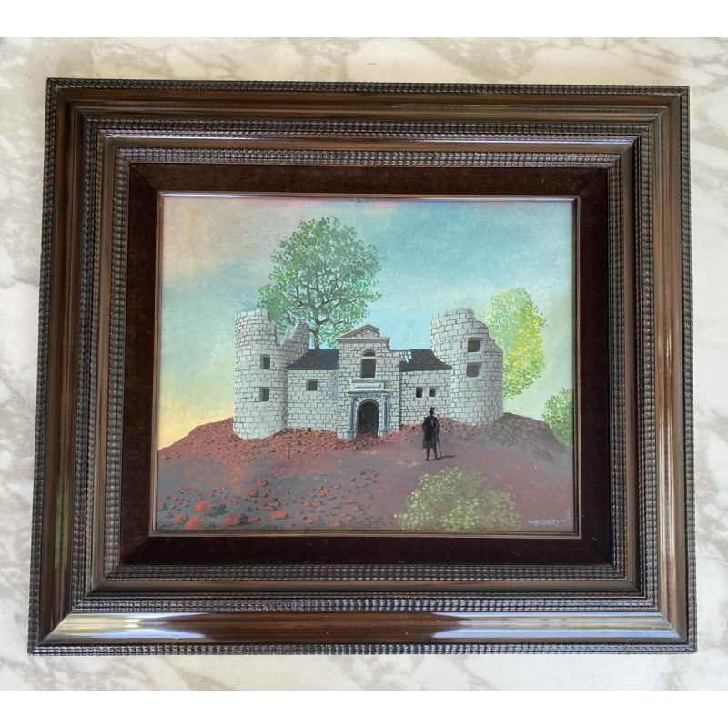 Gaston Bogaert 'Le vieux castel' tableau surréaliste, huile sur panneau isorel, 1977