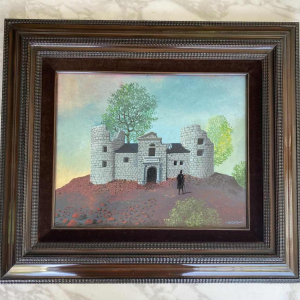 Gaston Bogaert 'The old castel' surrealist painting, oil on isorel panel, 1977