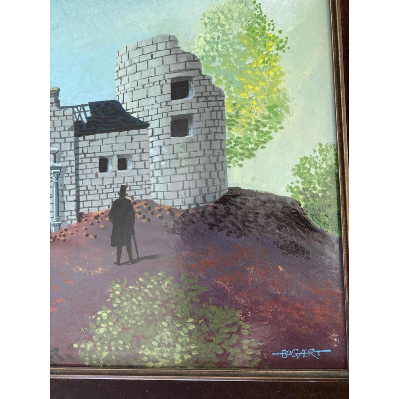 Gaston Bogaert 'Le vieux castel' tableau surréaliste, huile sur panneau isorel, 1977