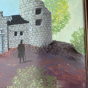 Gaston Bogaert 'The old castel' surrealist painting, oil on isorel panel, 1977