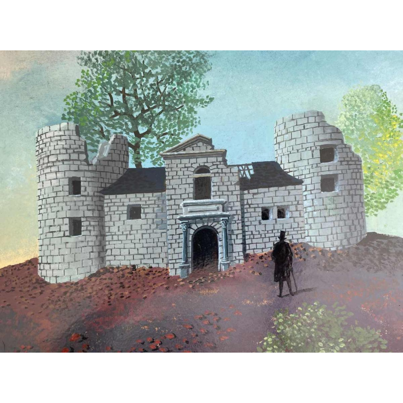 Gaston Bogaert 'Le vieux castel' tableau surréaliste, huile sur panneau isorel, 1977