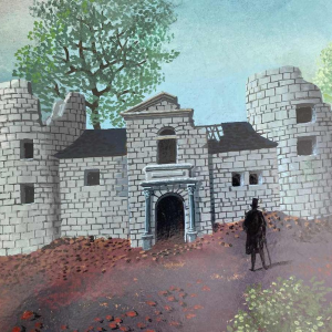 Gaston Bogaert 'The old castel' surrealist painting, oil on isorel panel, 1977