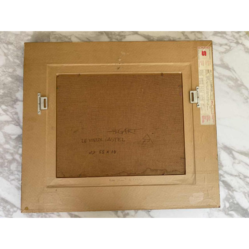 Gaston Bogaert 'The old castel' surrealist painting, oil on isorel panel, 1977