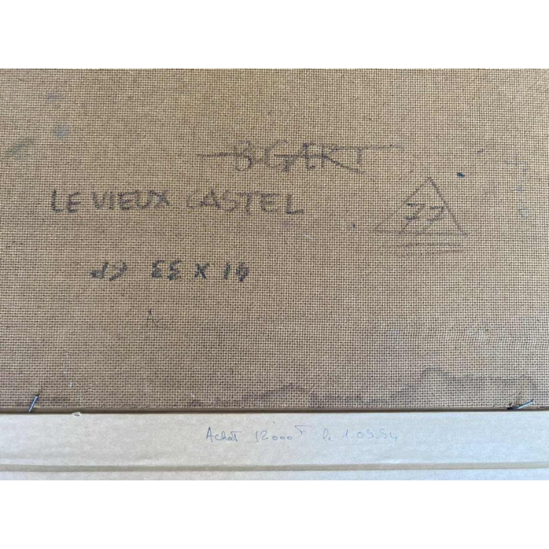 Gaston Bogaert 'Le vieux castel' tableau surréaliste, huile sur panneau isorel, 1977