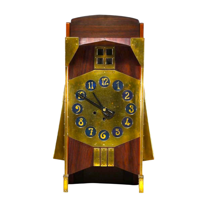 Gustave Serrurier-Bovy 'Pendule Moulin' horloge Art Nouveau, acajou & laiton, 1905