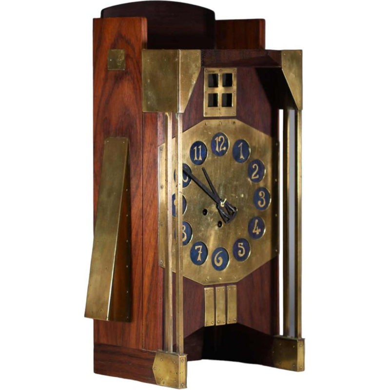 Gustave Serrurier-Bovy 'Pendule Moulin' horloge Art Nouveau, acajou & laiton, 1905