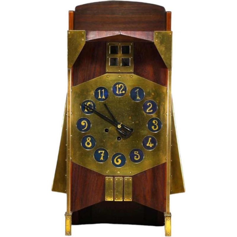 Gustave Serrurier-Bovy Pendule Moulin Art Nouveau clock, mahogany & brass, 1905