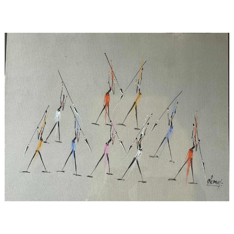 Gouache stylisée de lécole africaine . Porte une signature à identifier