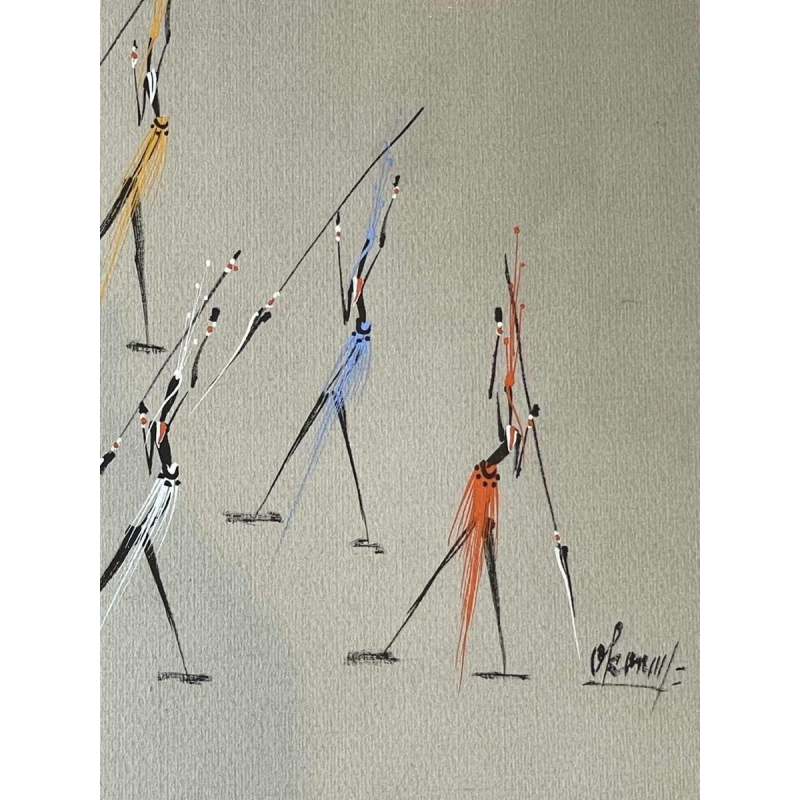 Gouache stylisée de lécole africaine . Porte une signature à identifier