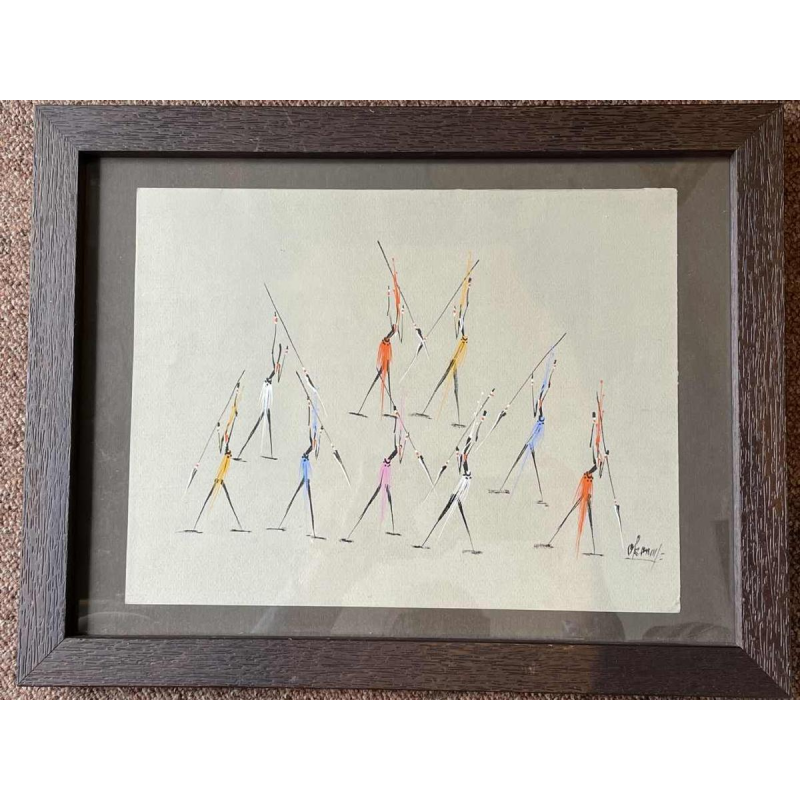 Gouache stylisée de lécole africaine . Porte une signature à identifier